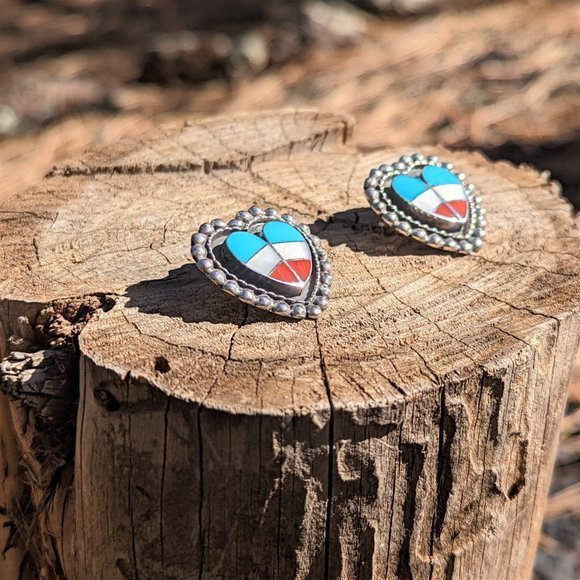 Zuni Heart Shaped Earrings, Sterling‎ Silver Multi Stones Handmade Jewelry *** - Picture 5 of 8